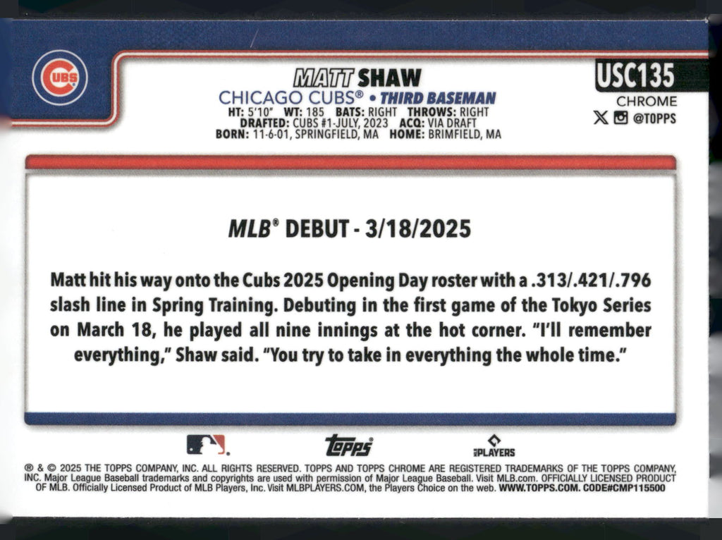 2025 Topps Chrome Update #USC135 Matt Shaw X-Fractors