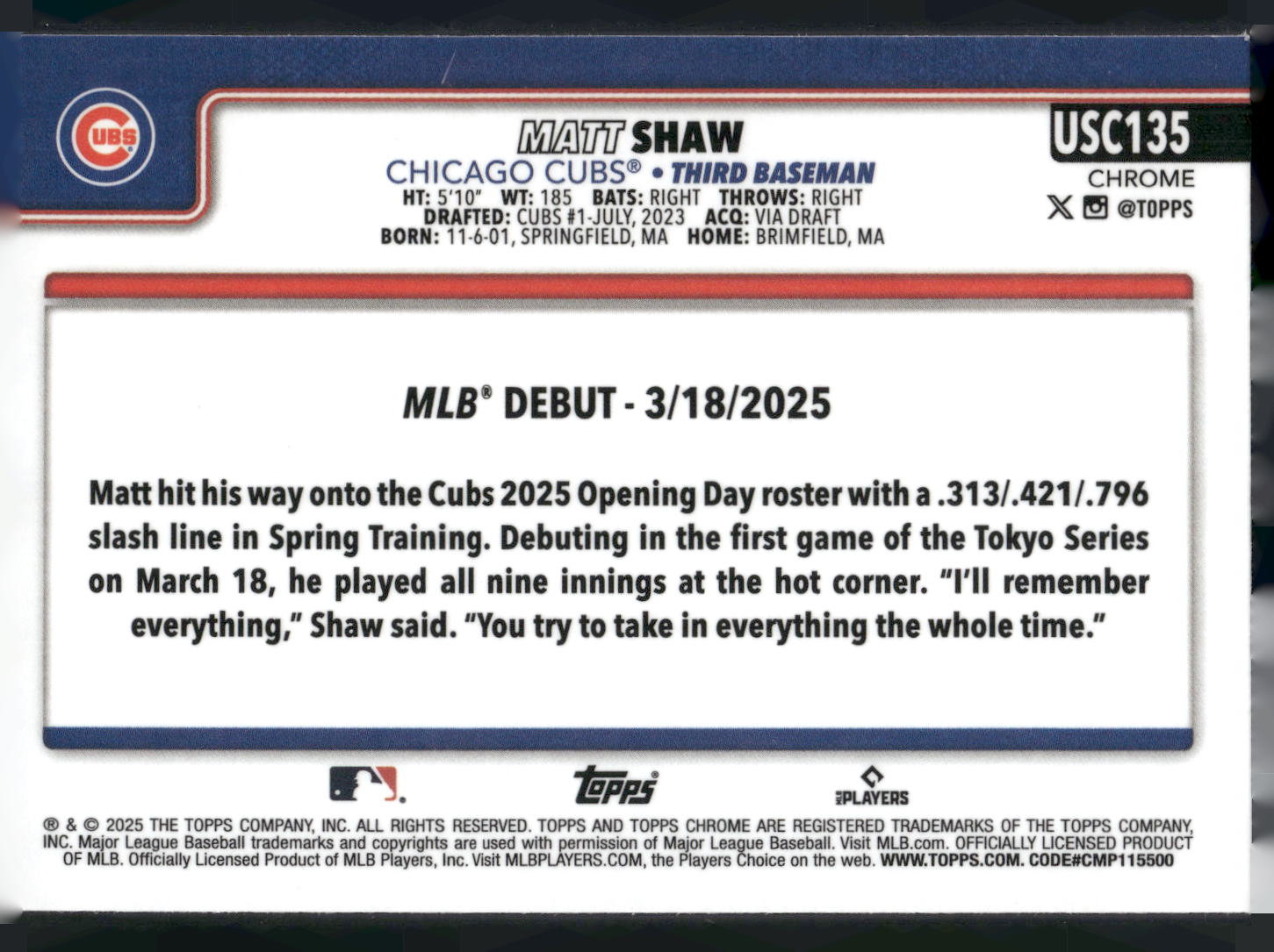 2025 Topps Chrome Update #USC135 Matt Shaw X-Fractors