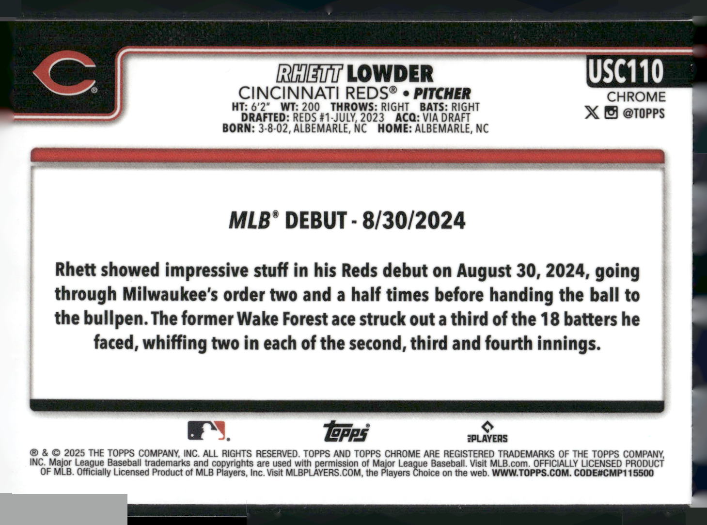 2025 Topps Chrome Update #USC110 Rhett Lowder X-Fractors