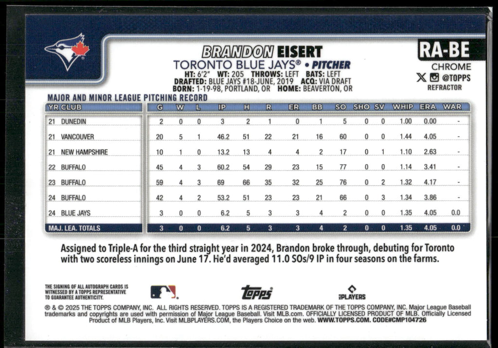 2025 Topps Chrome #RA-BE Brandon Eisert Rookie Autographs Refractors #/499