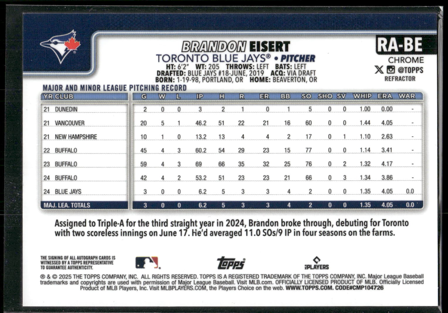 2025 Topps Chrome #RA-BE Brandon Eisert Rookie Autographs Refractors #/499