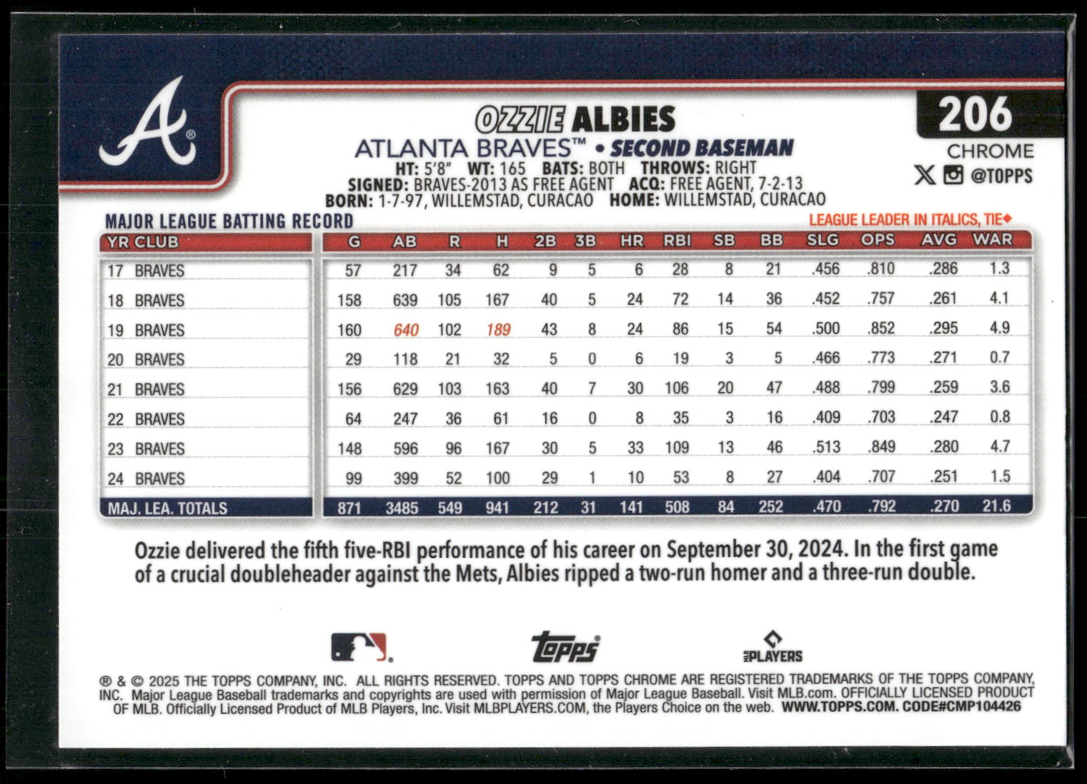 2025 Topps Chrome #206 Ozzie Albies Purple Refractors #/250