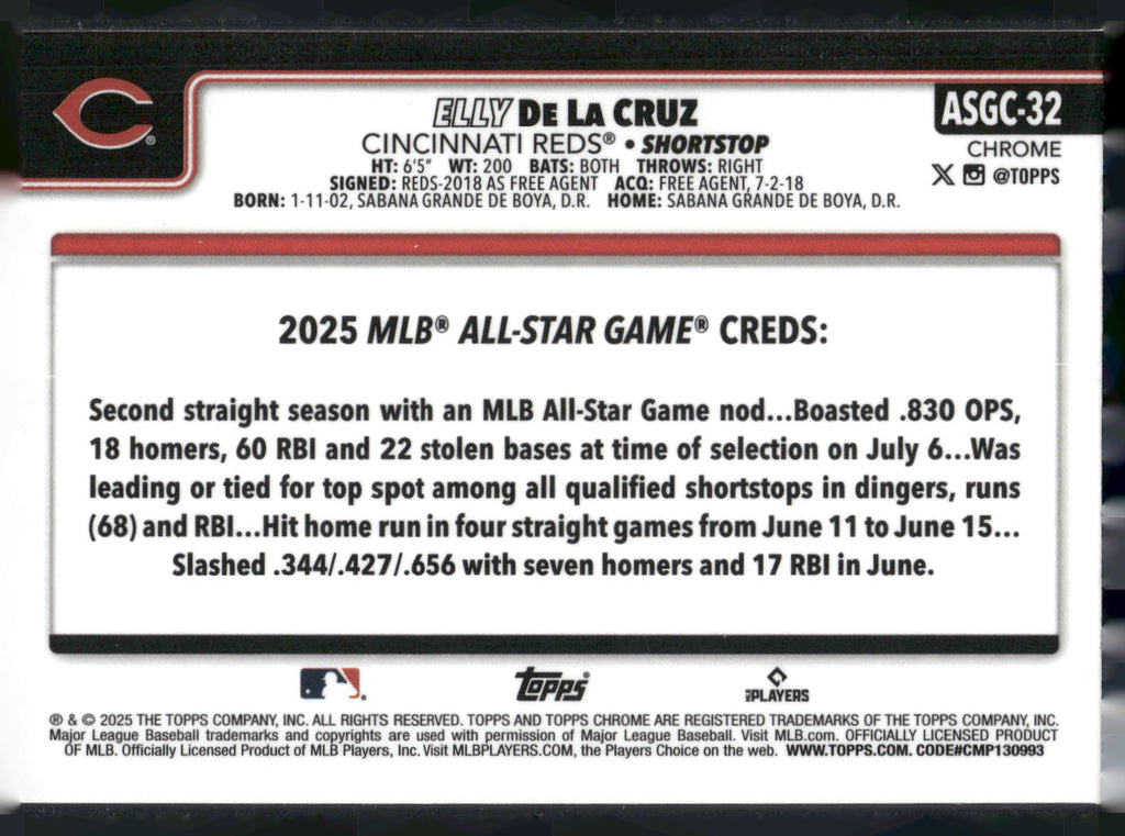 2025 Topps Chrome Update #ASGC-32 Elly De La Cruz 2025 All-Star Game