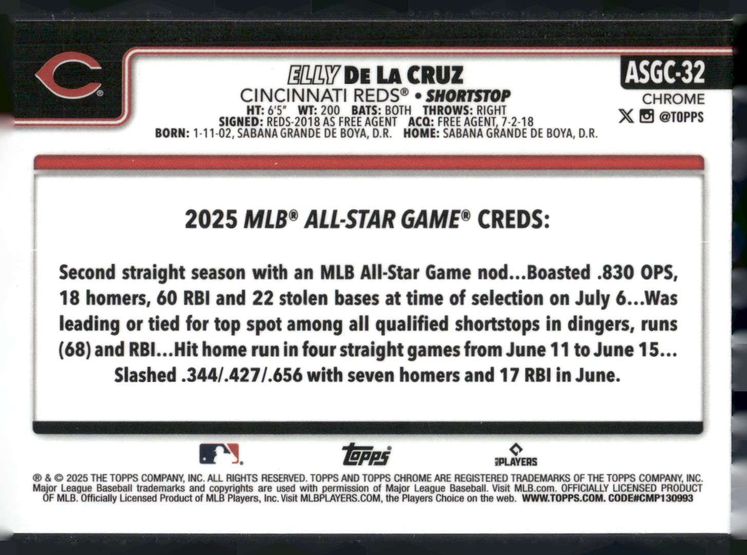 2025 Topps Chrome Update #ASGC-32 Elly De La Cruz 2025 All-Star Game