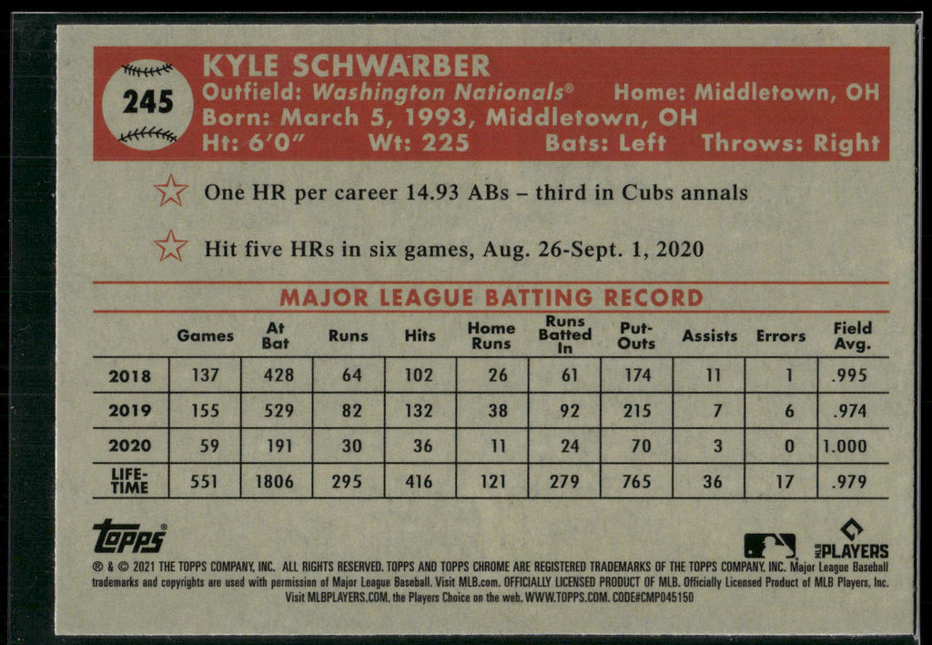 2021 Topps Chrome Platinum Anniversary #245 Kyle Schwarber Refractor