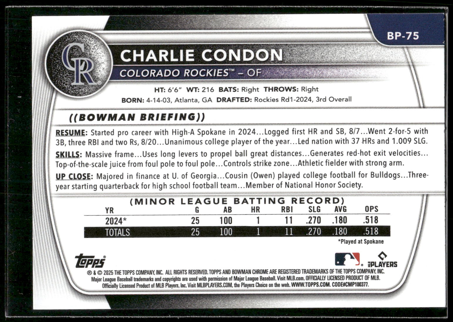 2025 Bowman #BP-75 Charlie Condon Prospects