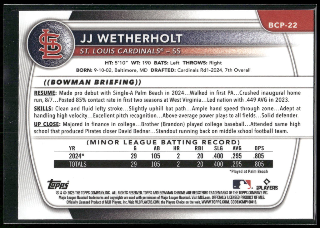 2025 Bowman #BCP-22 JJ Wetherholt Chrome Prospects