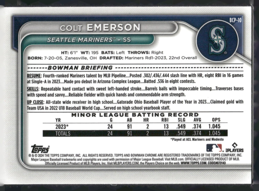 2024 Bowman #BCP-10 Colt Emerson Chrome Prospects Lunar Glow Refractors