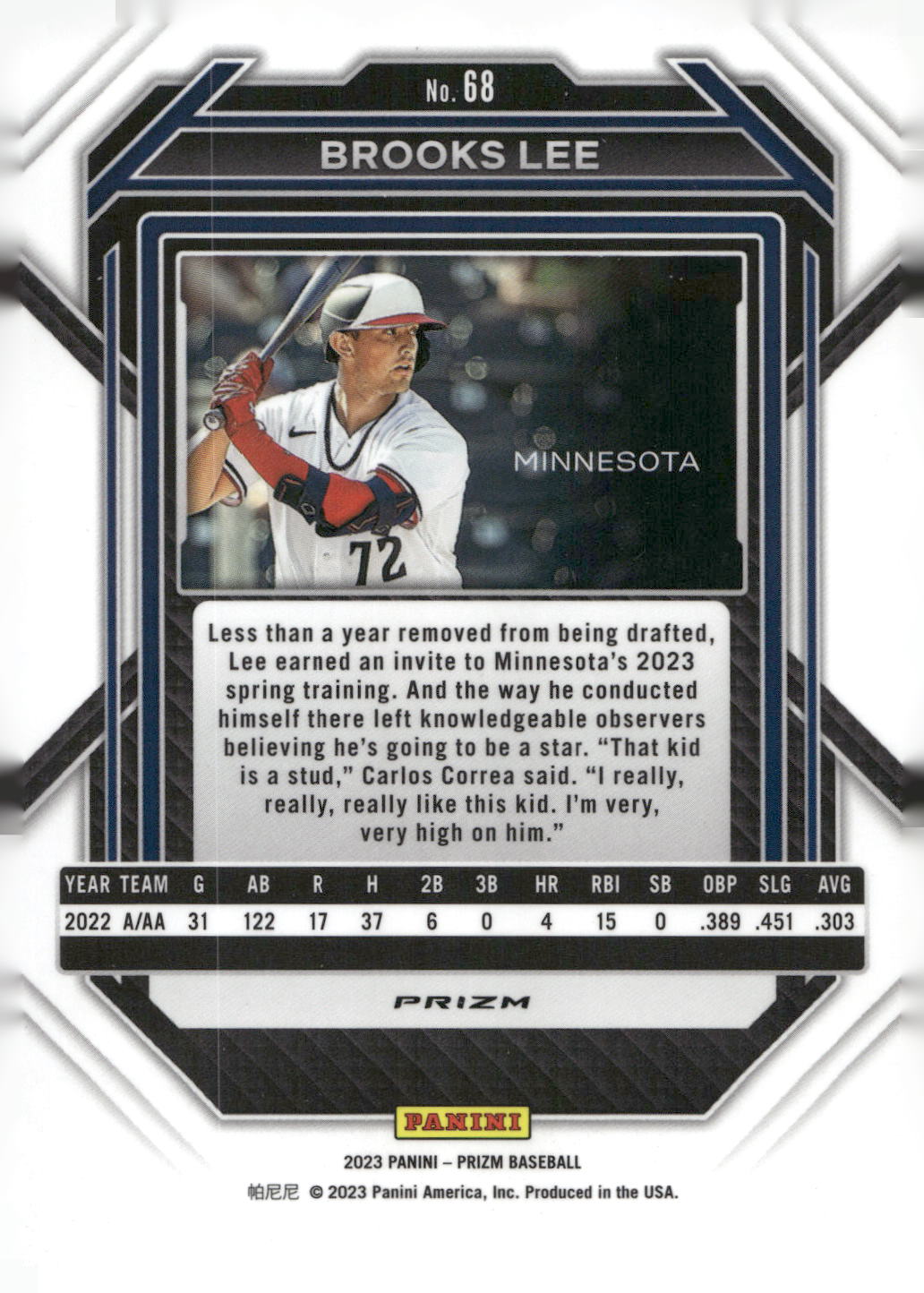 2023 Panini Prizm #68 Brooks Lee Blue Ice Prizms