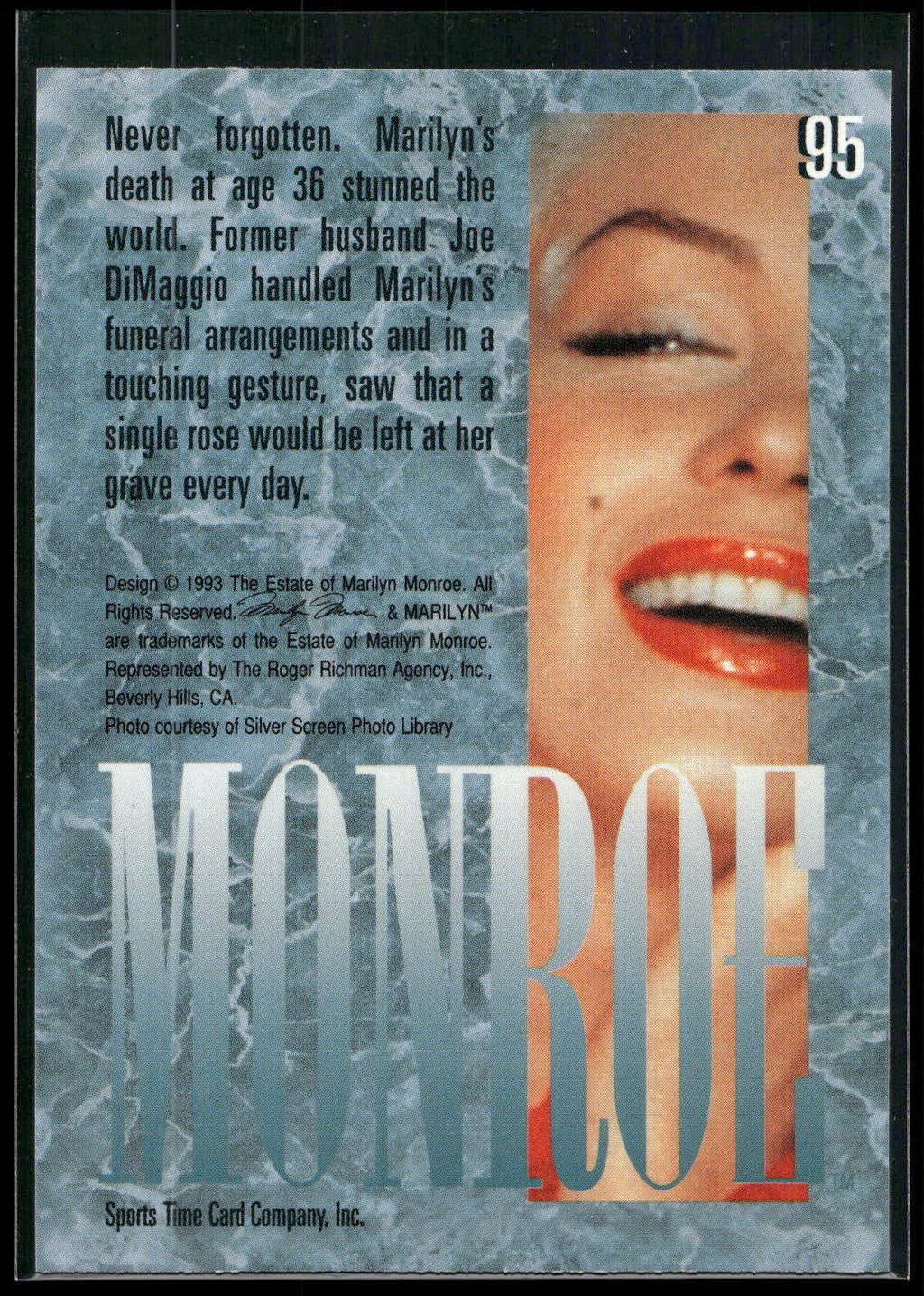 1993 Sports Time Marilyn Monroe #95 Never forgotten. Marilyn's death at age 36 s