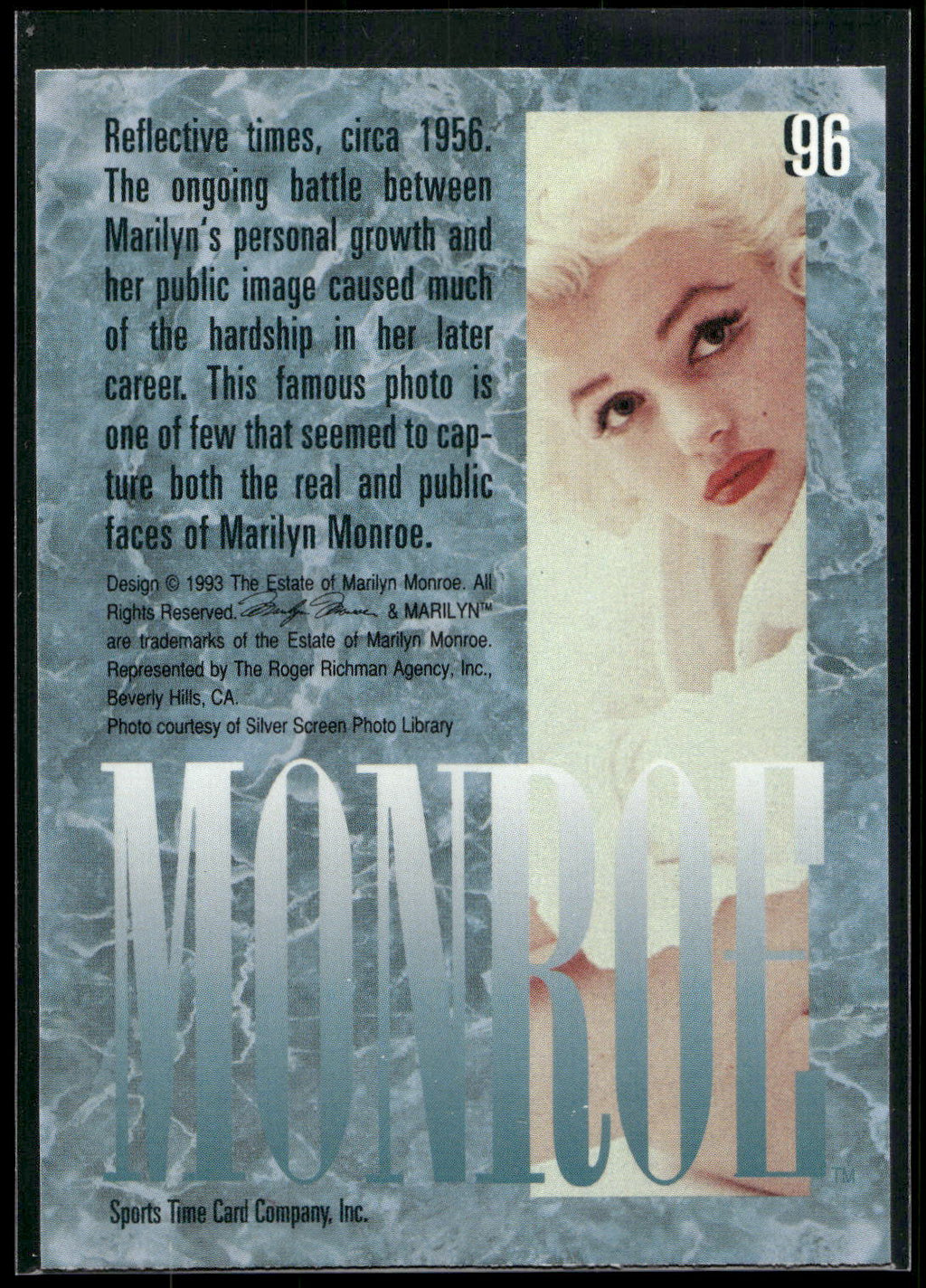 1993 Sports Time Marilyn Monroe #96 Reflective times, circa 1956. The ongoing ba