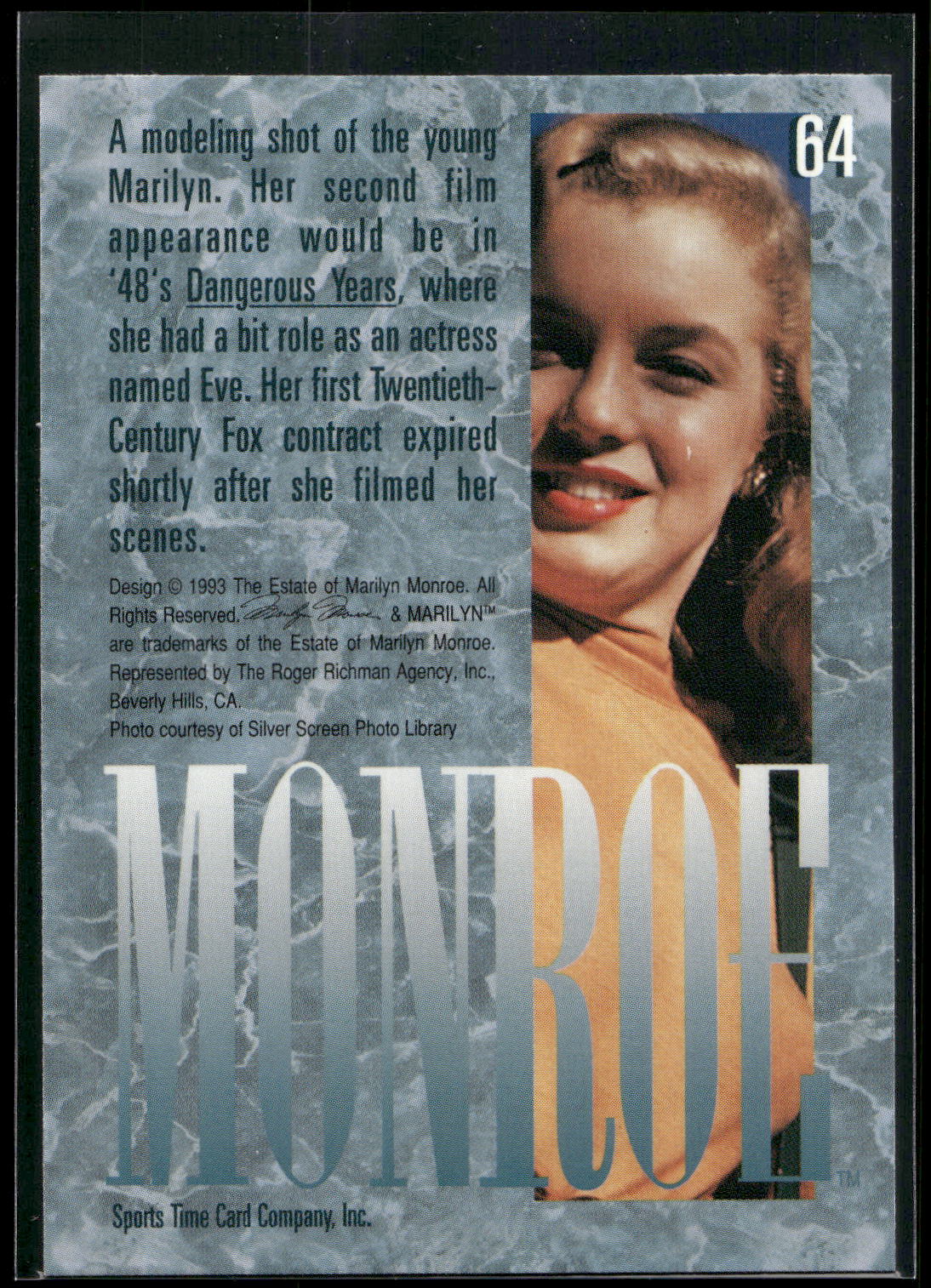 1993 Sports Time Marilyn Monroe #64 A Modeling shot of the young Marilyn. Her se