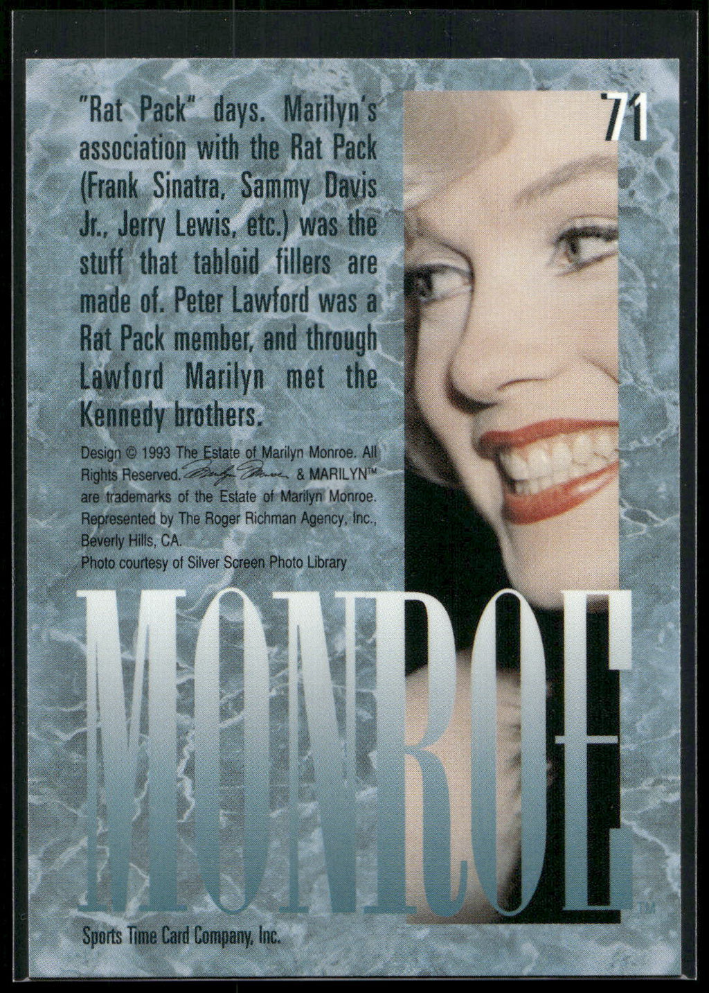 1993 Sports Time Marilyn Monroe #71 "Rat Pack" days. Marilyn's association with