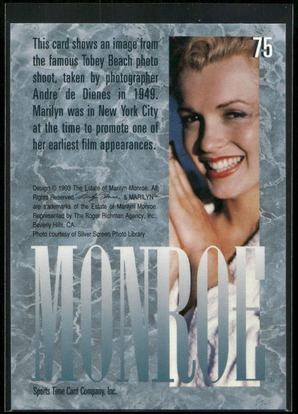 1993 Sports Time Marilyn Monroe #75 This card shows an image from the famous Tob