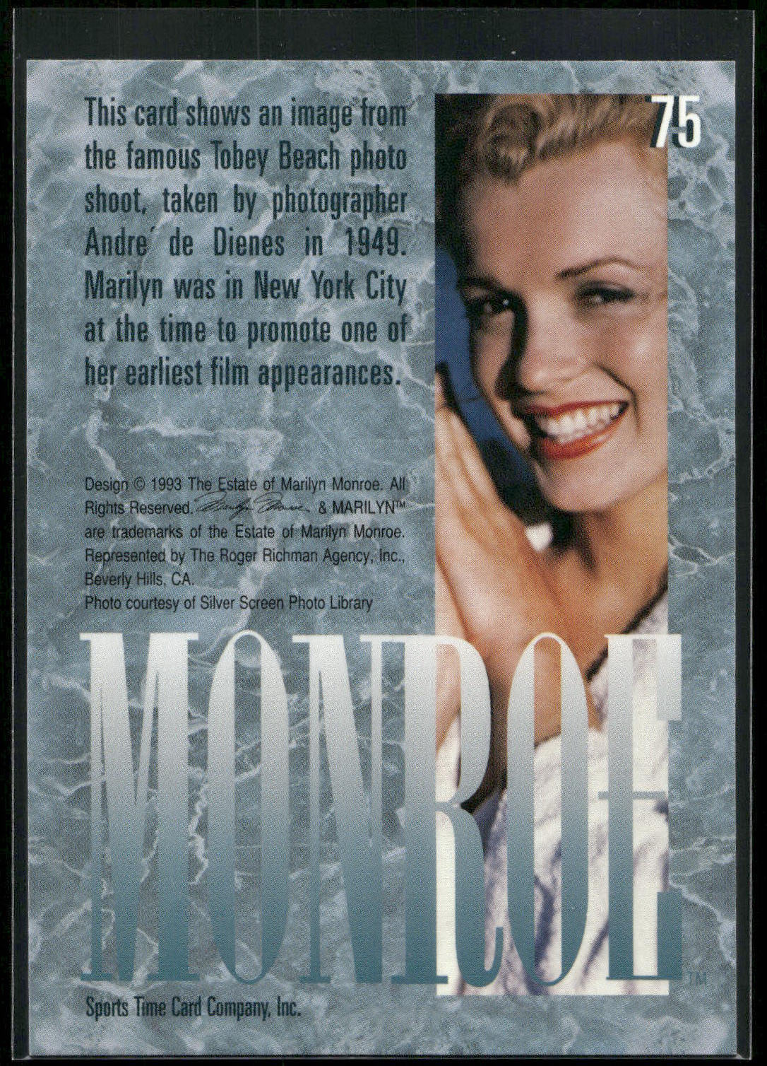 1993 Sports Time Marilyn Monroe #75 This card shows an image from the famous Tob