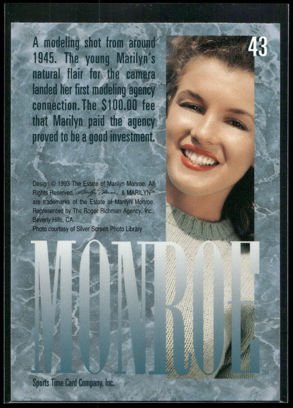 1993 Sports Time Marilyn Monroe #43 A modeling shot from around 1945. The young