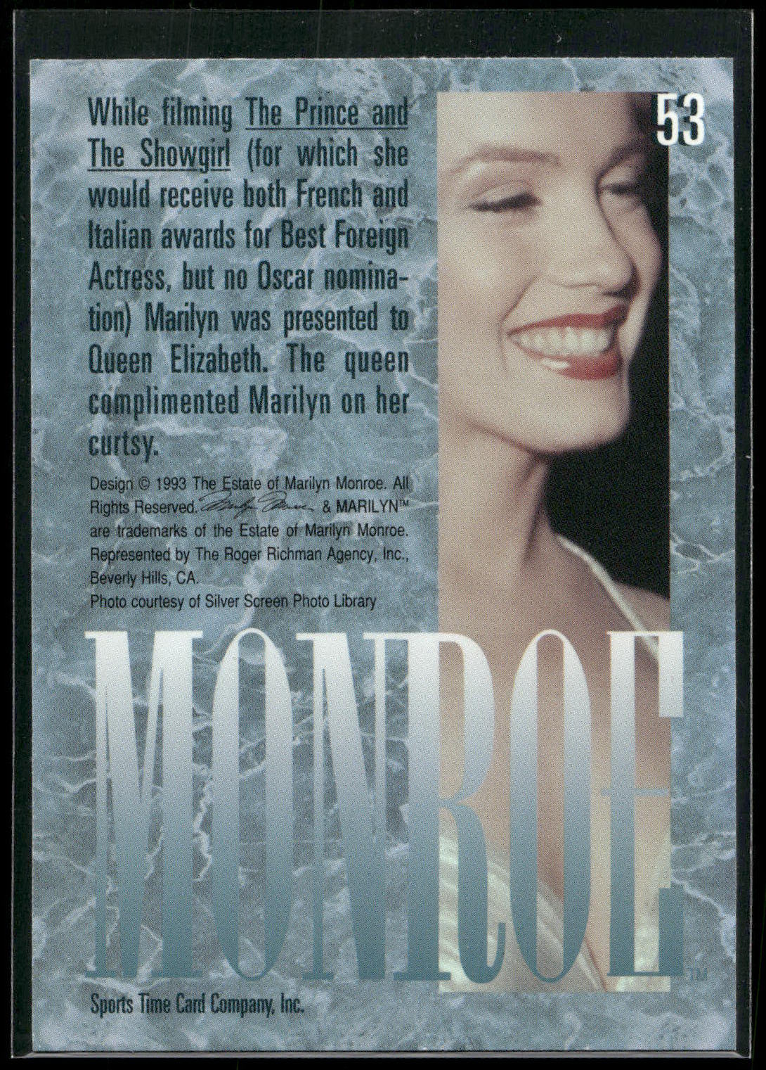 1993 Sports Time Marilyn Monroe #53 While filming The Prince and The Showgirl (f