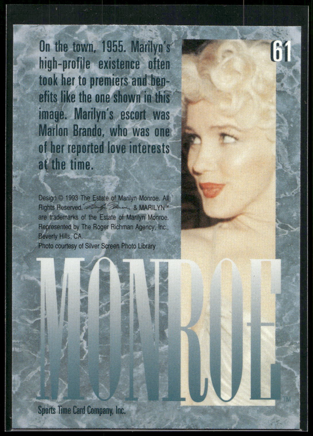 1993 Sports Time Marilyn Monroe #61 On the town, 1955. Marilyn's high-profile ex