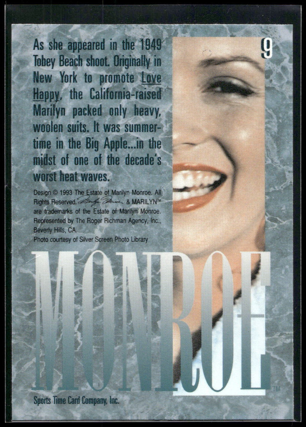 1993 Sports Time Marilyn Monroe #9 As she appeared in the 1949 Tobey Beach shoo