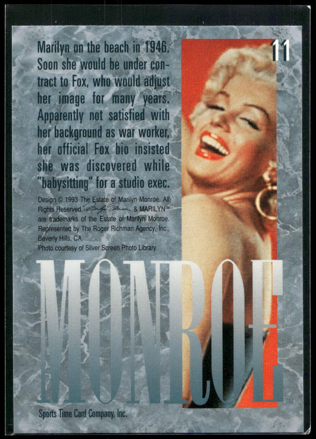 1993 Sports Time Marilyn Monroe #11 Marilyn on the beach in 1946. Soon she would