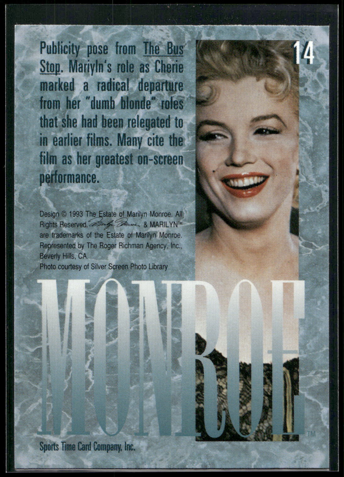 1993 Sports Time Marilyn Monroe #14 Publicity pose from The Bus Stop. Marilyn's