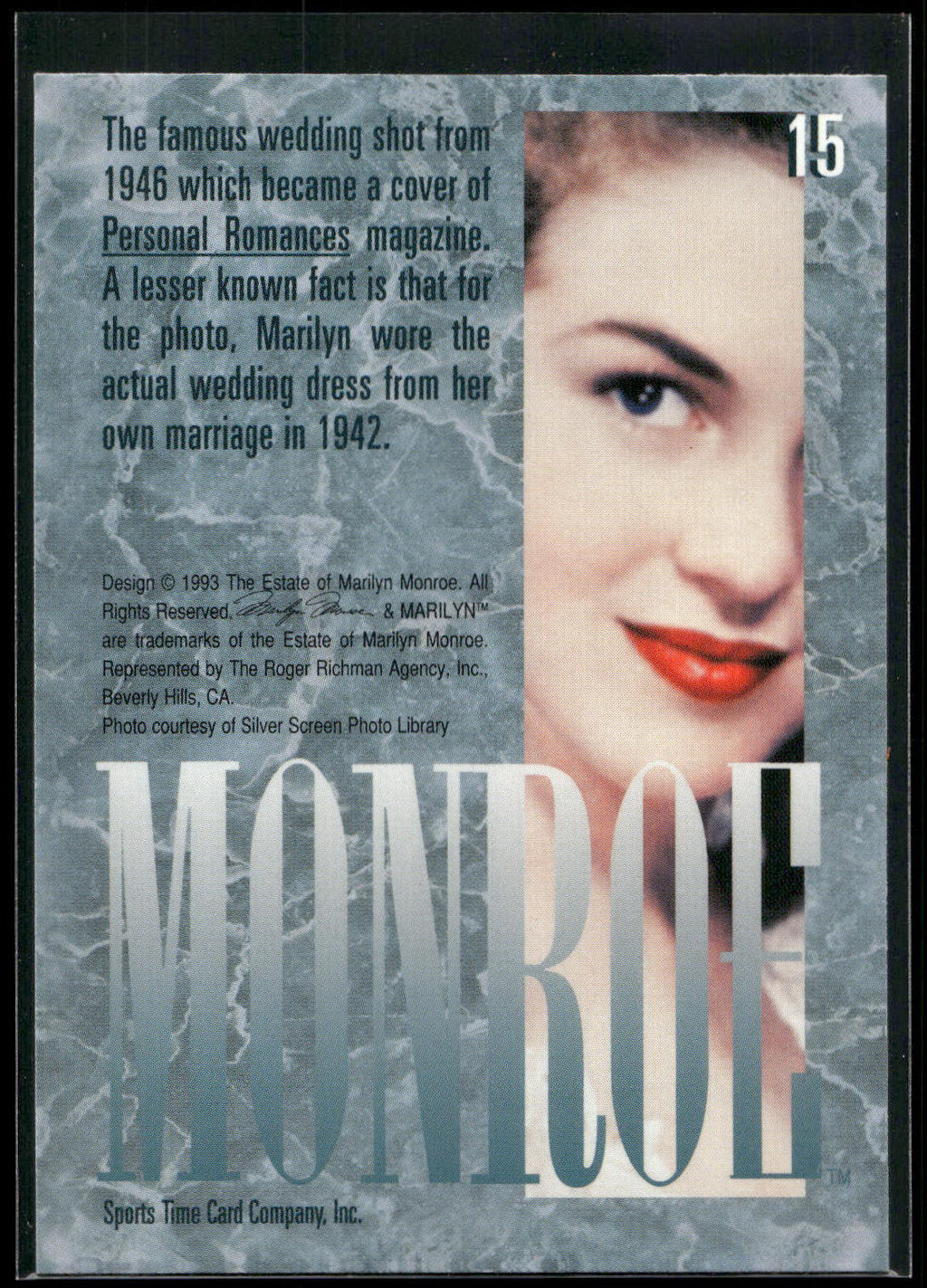 1993 Sports Time Marilyn Monroe #15 The famous wedding shot from 1946 which beca