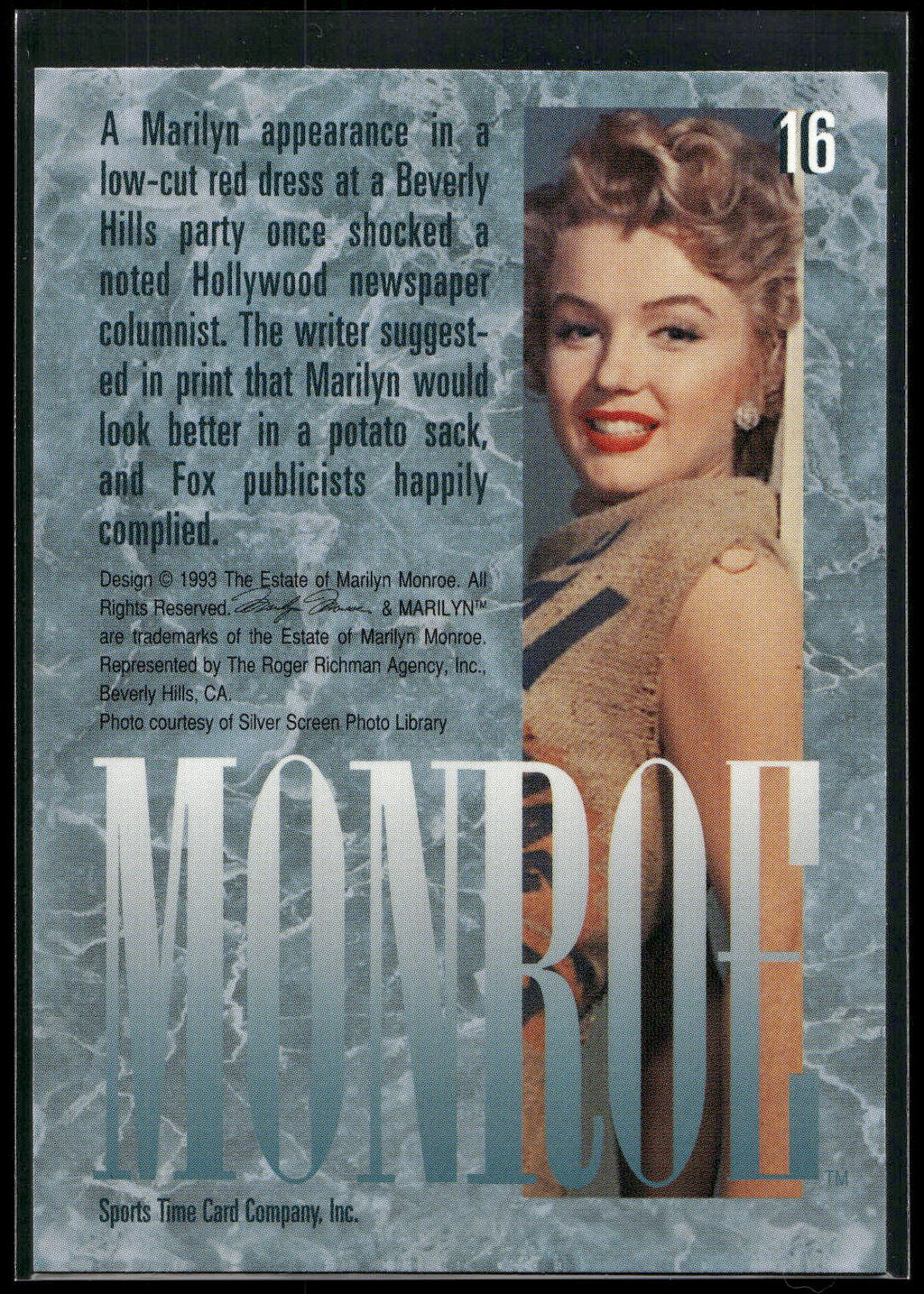 1993 Sports Time Marilyn Monroe #16 A Marilyn appearance in a low-cut red dress
