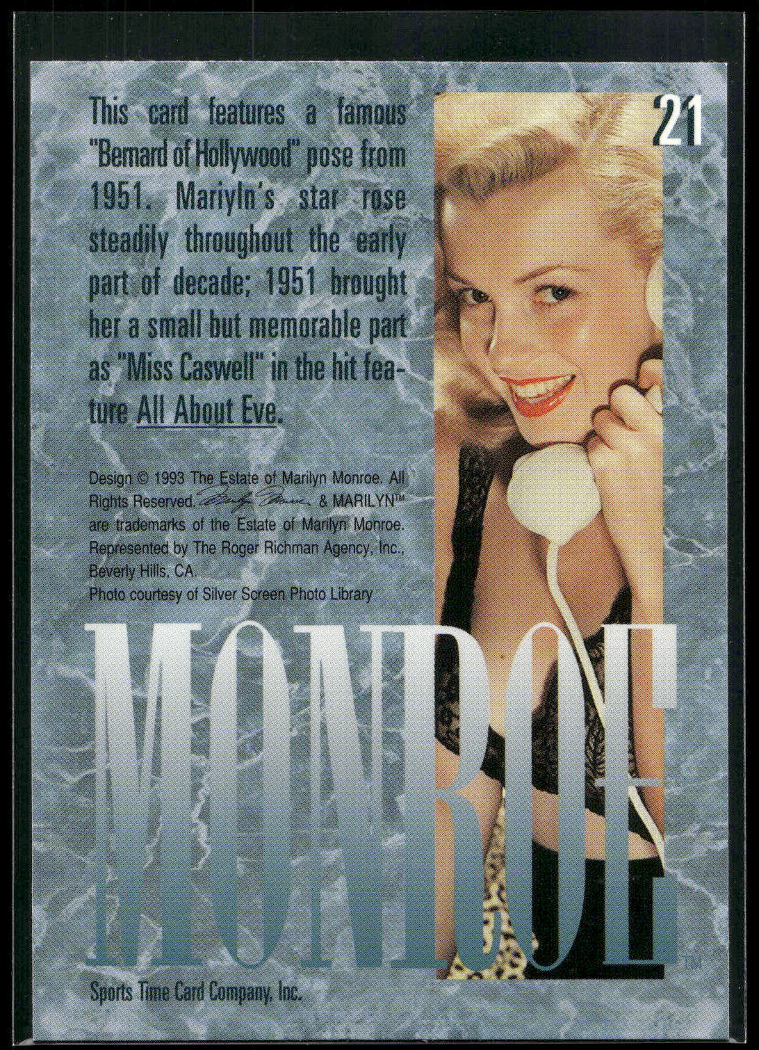 1993 Sports Time Marilyn Monroe #21 This card features a famous "Bernard of Holl