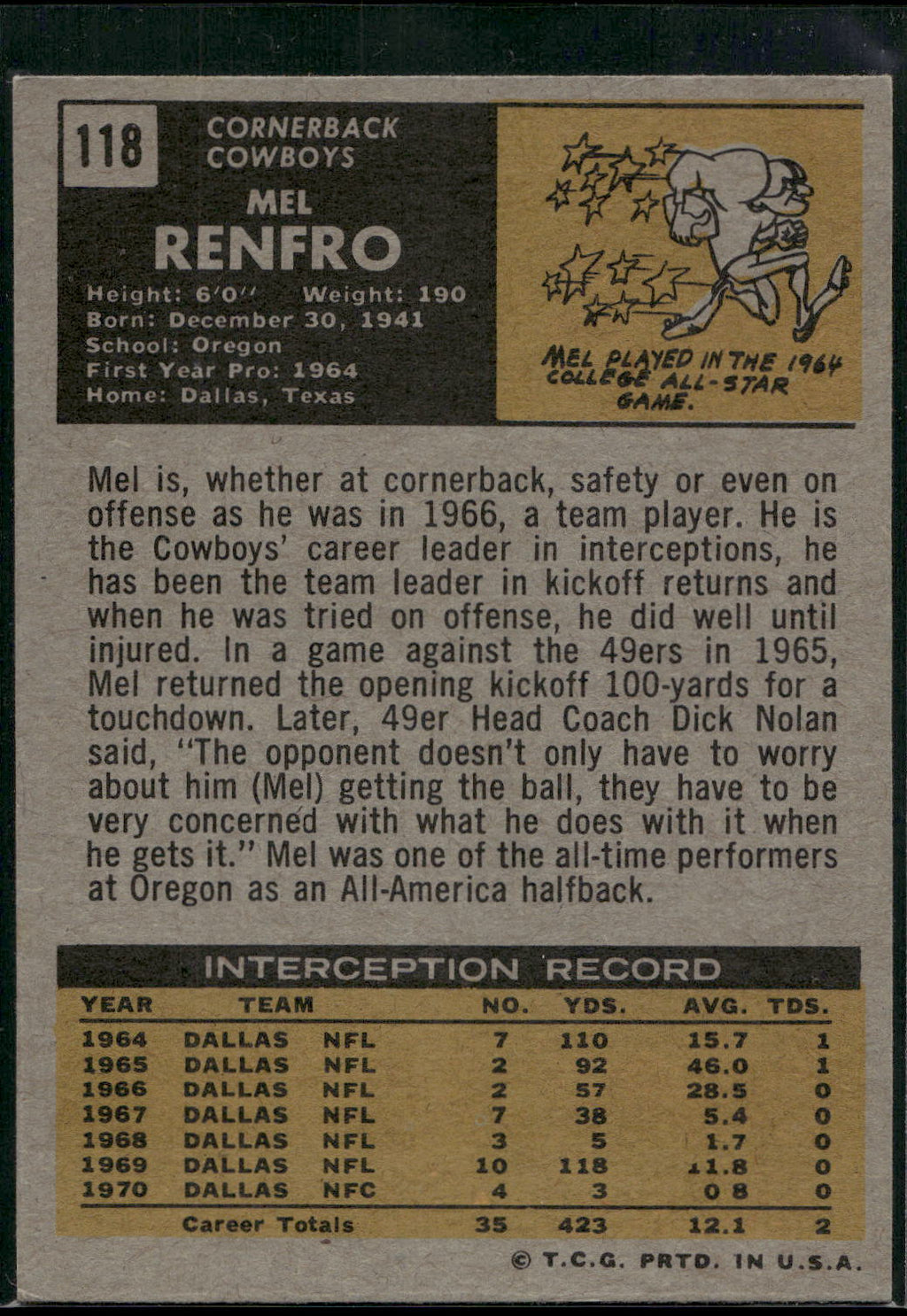 1971 Topps #118 Mel Renfro
