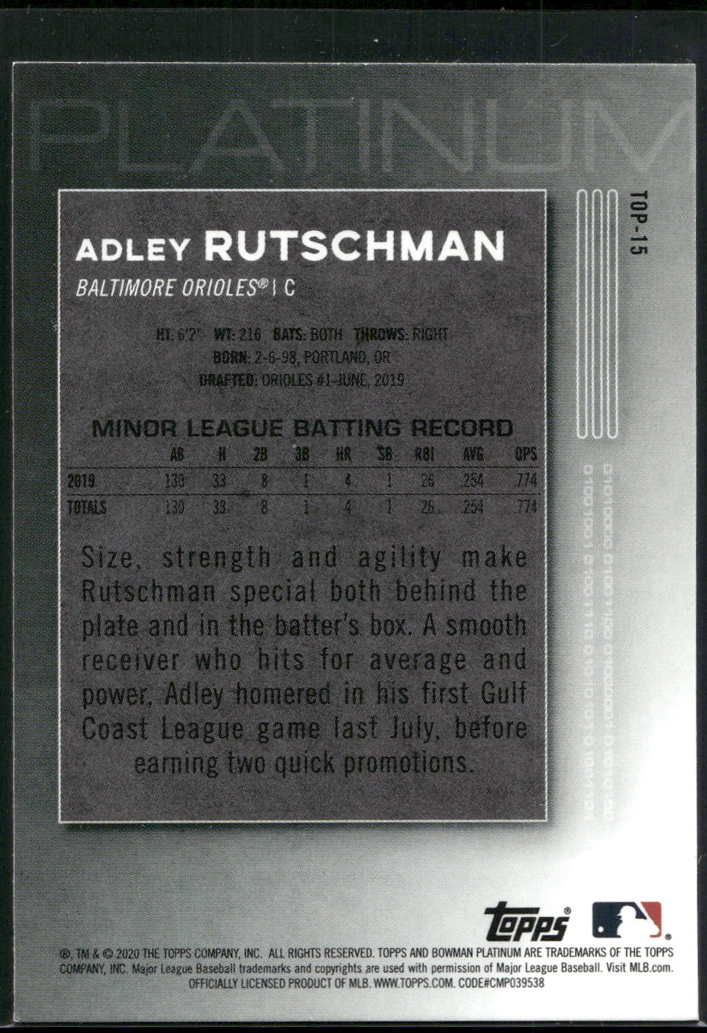 2020 Bowman Platinum #TOP-15 Adley Rutschman Top Prospects