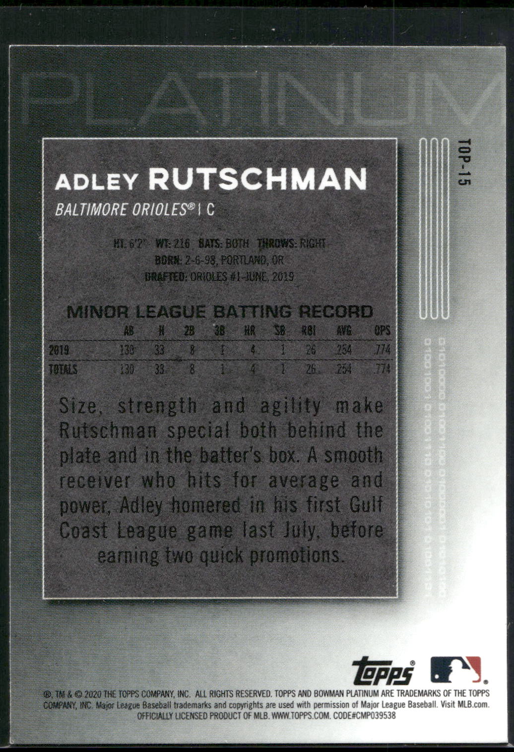 2020 Bowman Platinum #TOP-15 Adley Rutschman Top Prospects
