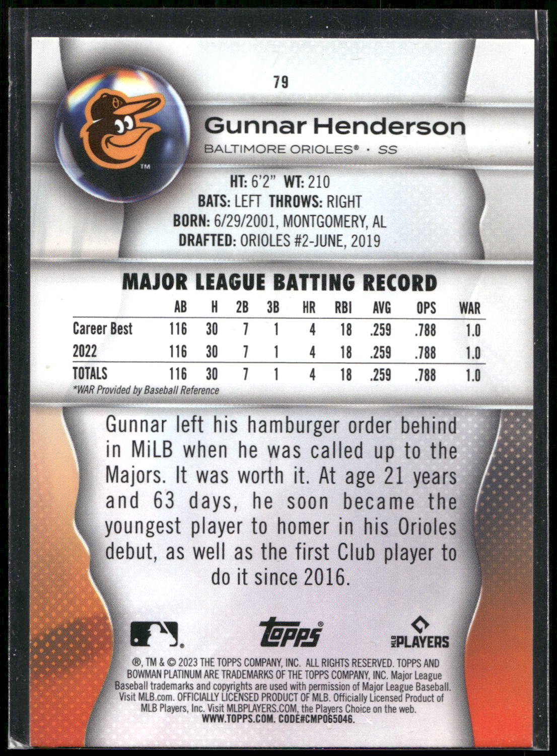 2023 Bowman Platinum #79 Gunnar Henderson