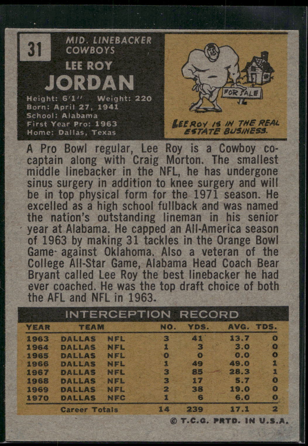1971 Topps #31 Lee Roy Jordan
