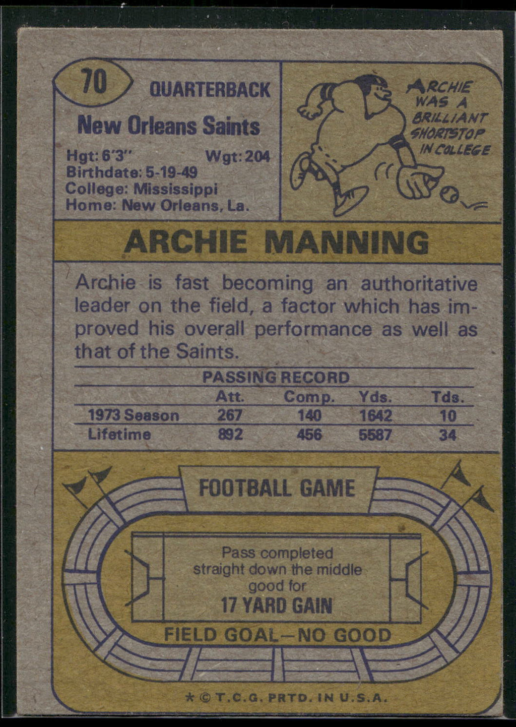 1974 Topps #70 Archie Manning