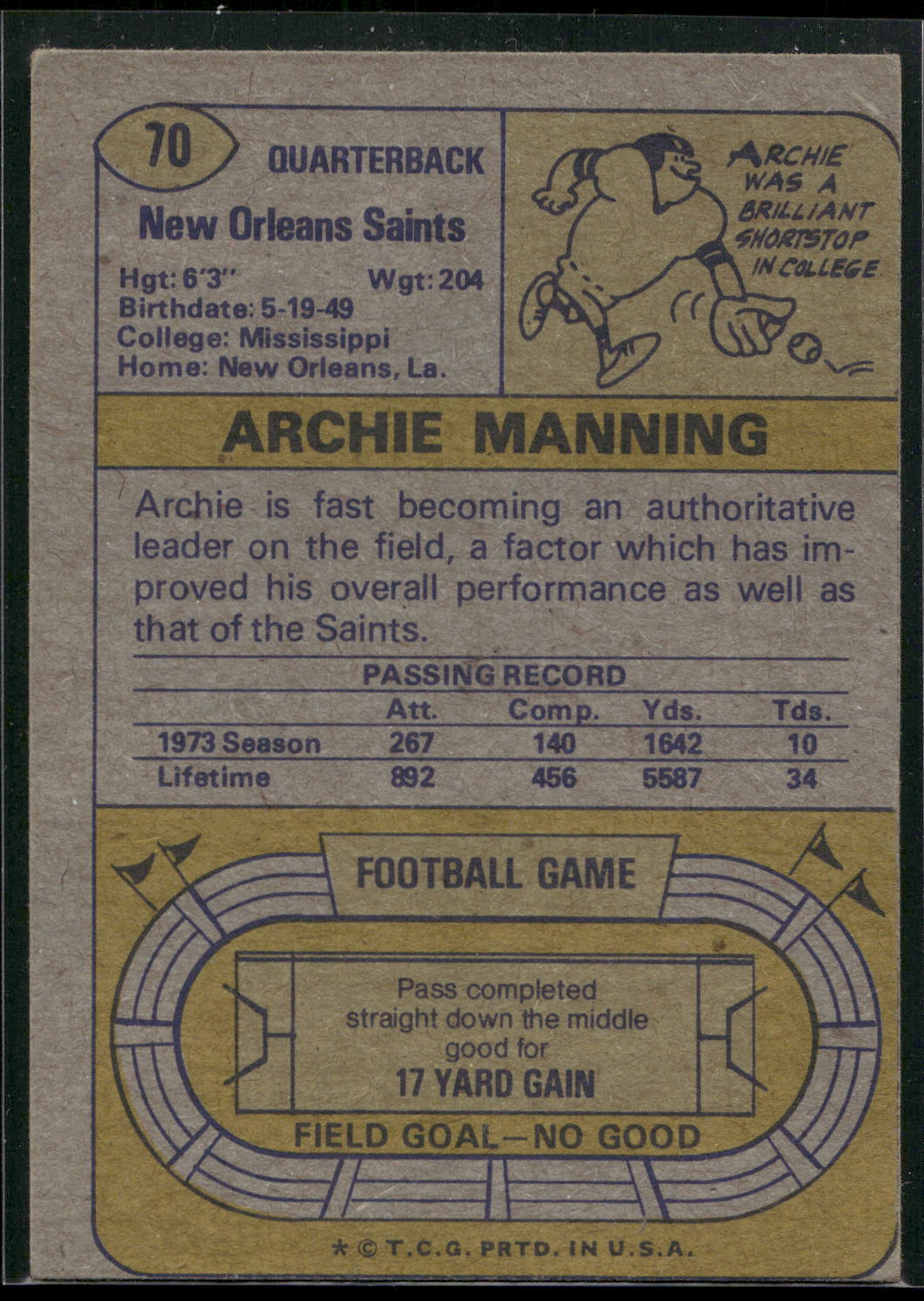 1974 Topps #70 Archie Manning