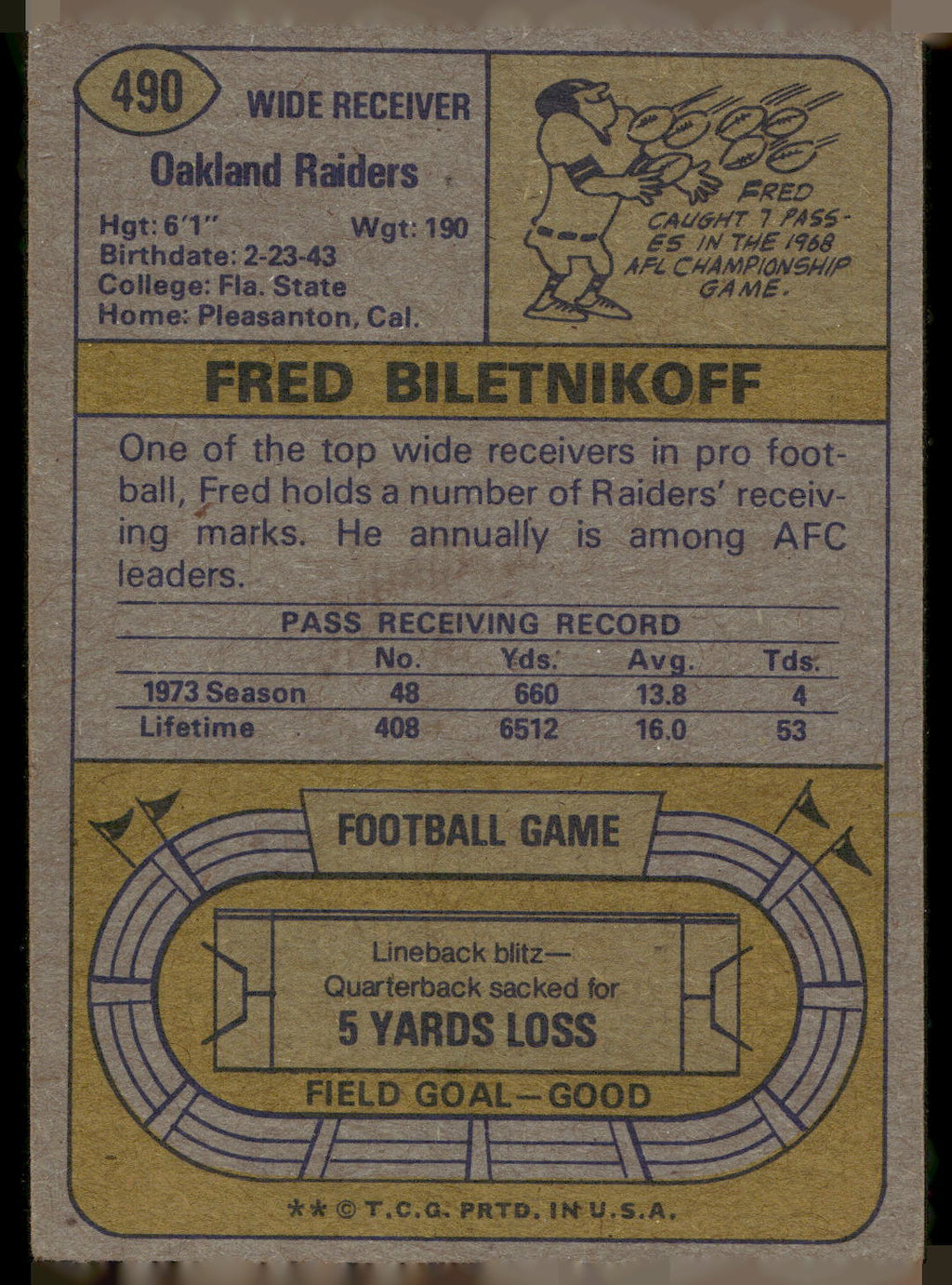 1974 Topps #490 Fred Biletnikoff