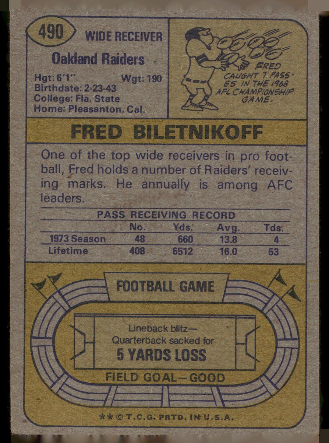 1974 Topps #490 Fred Biletnikoff