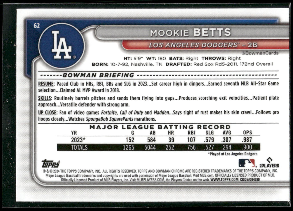 2024 Bowman Chrome #62 Mookie Betts Mojo Refractors