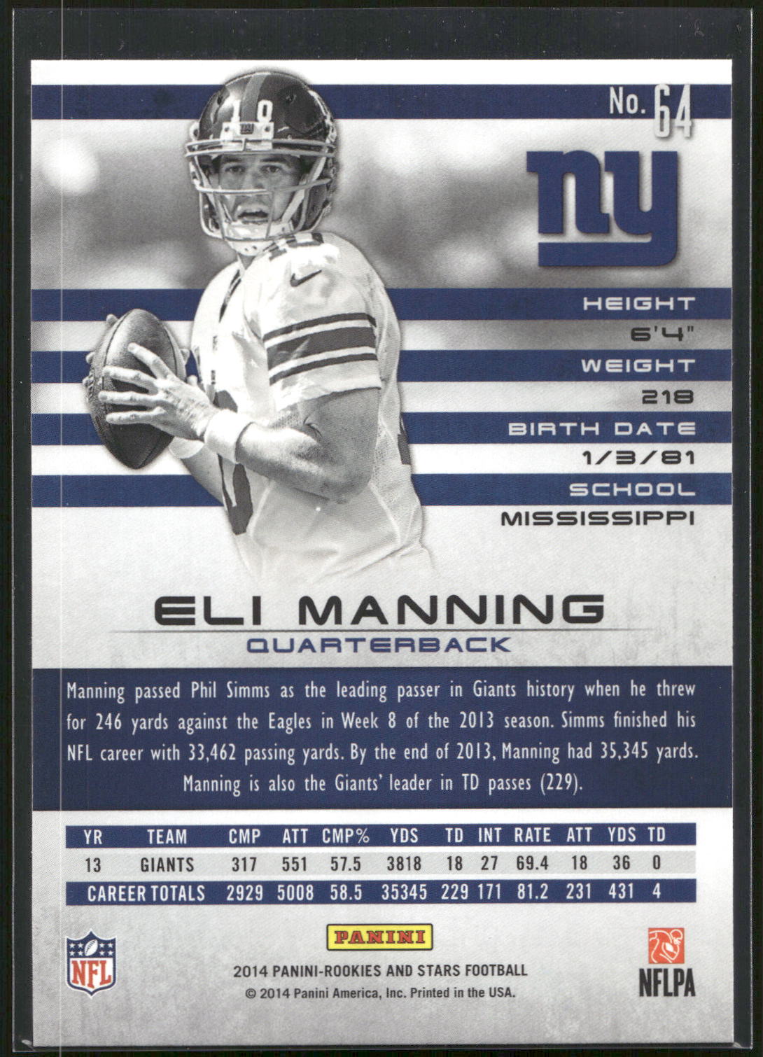 2014 Panini Rookies & Stars Longevity #64 Eli Manning