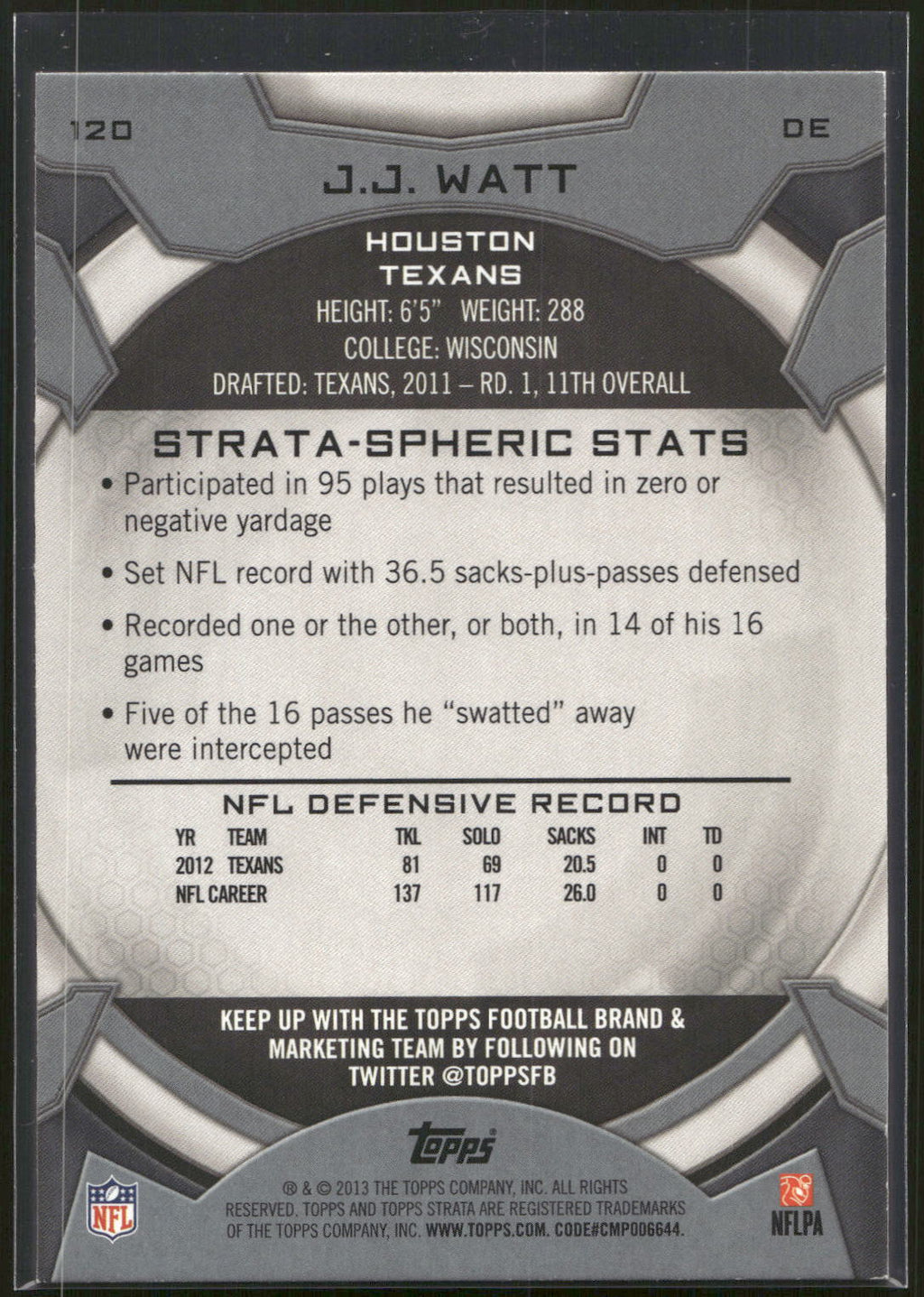 2013 Topps Strata #120 J.J. Watt Topaz Orange