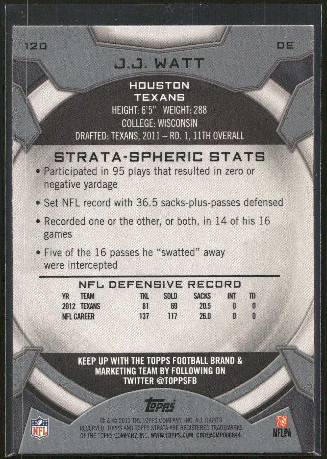 2013 Topps Strata #120 J.J. Watt Topaz Orange