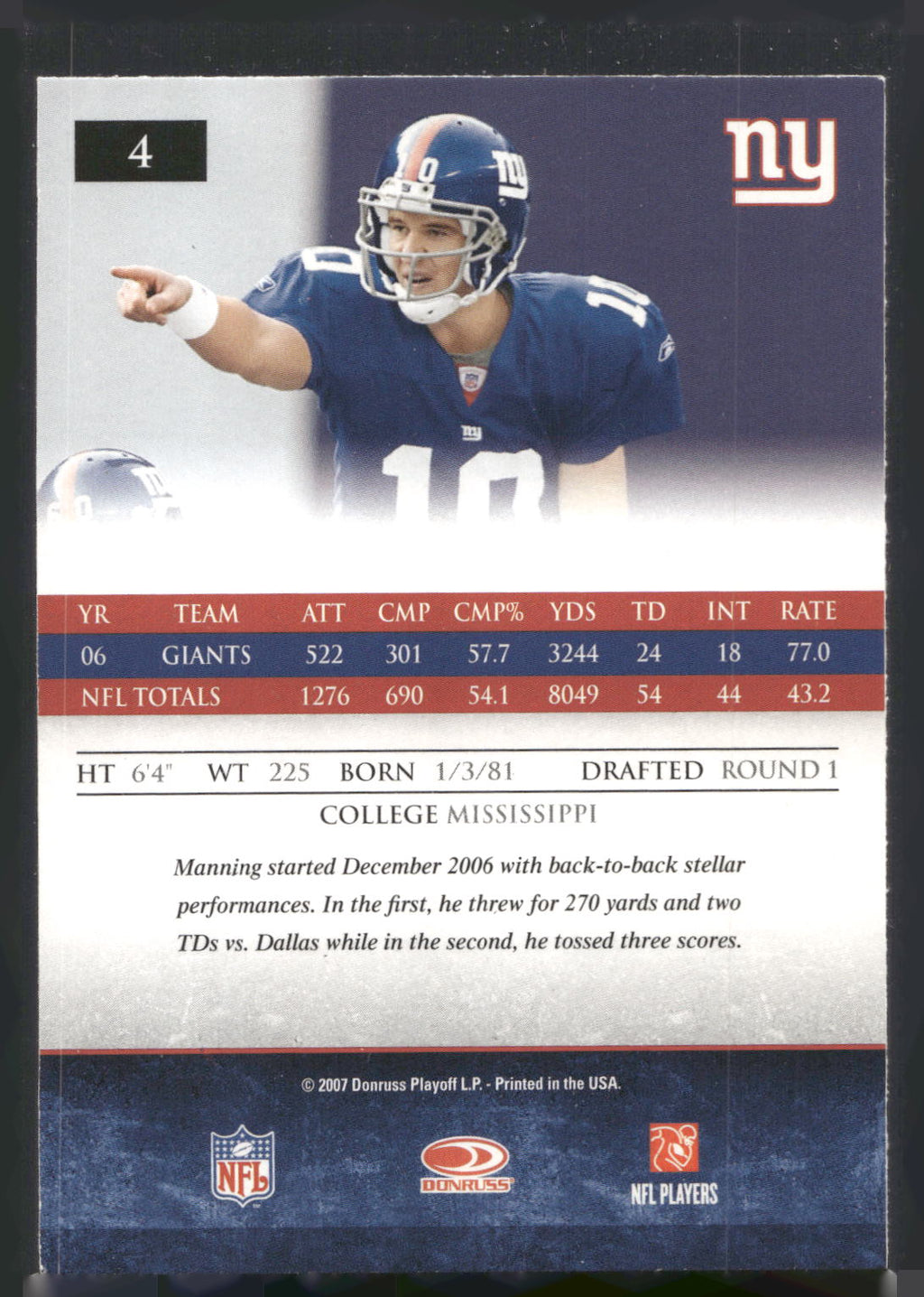 2007 Donruss Gridiron Gear #4 Eli Manning