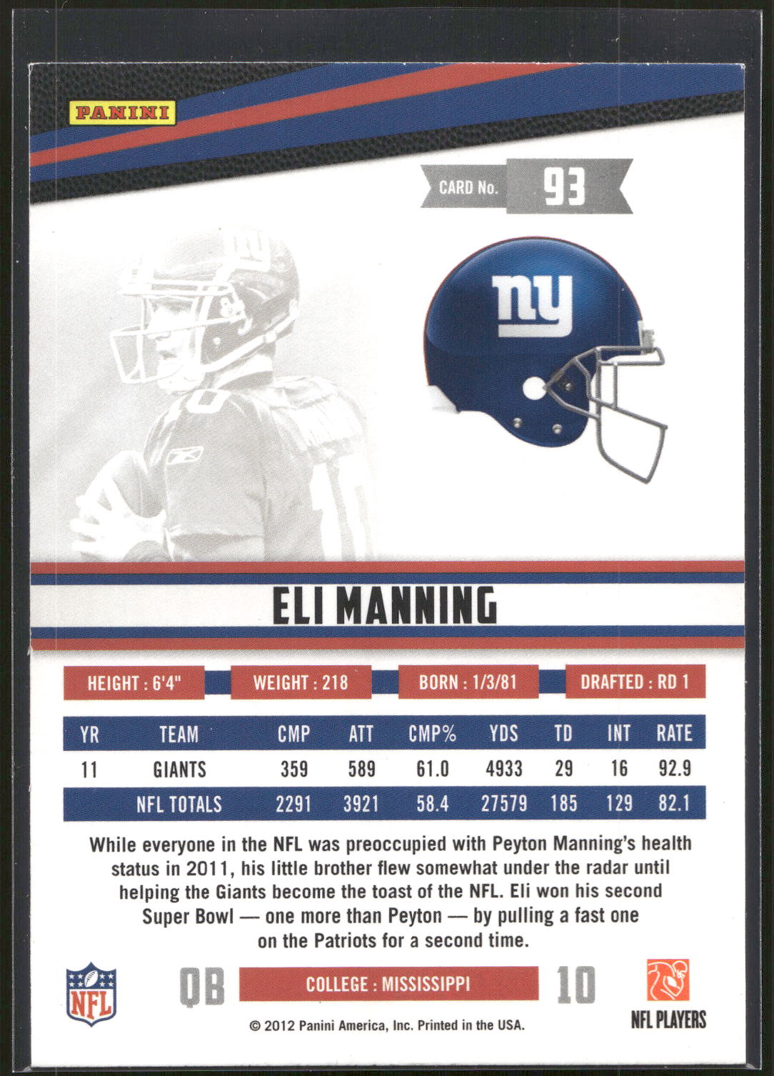 2012 Panini Rookies & Stars #93 Eli Manning