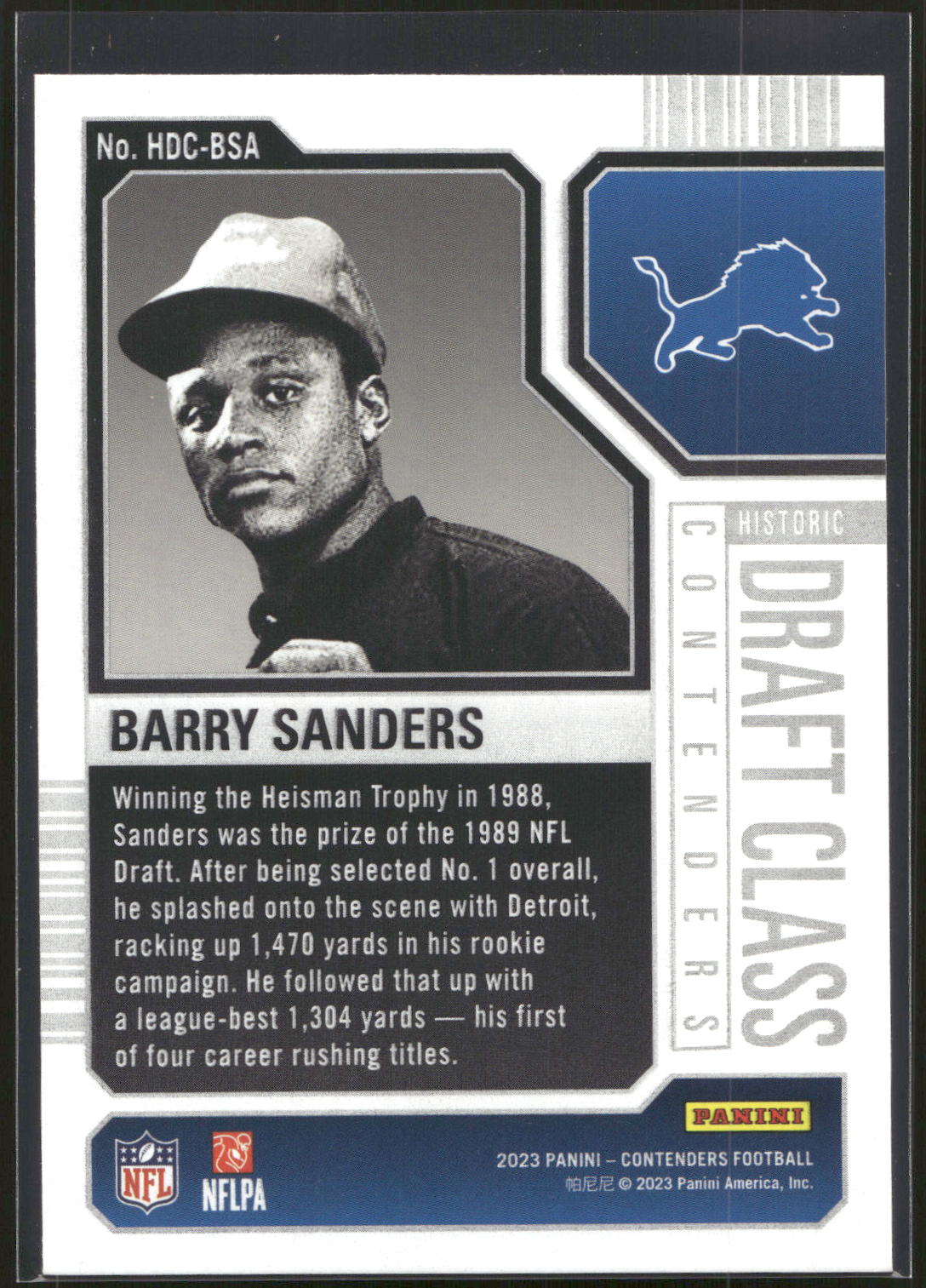 2023 Panini Contenders #HDC-BSA Barry Sanders Historic Draft Class Contenders