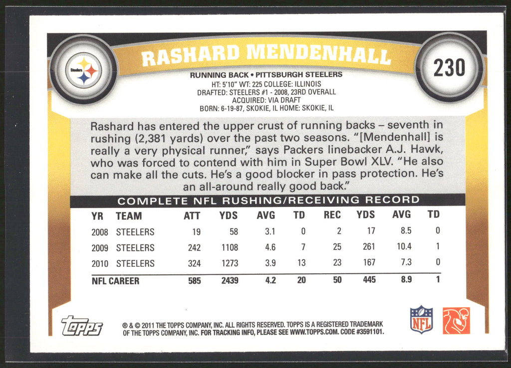 2011 Topps #230 Rashard Mendenhall