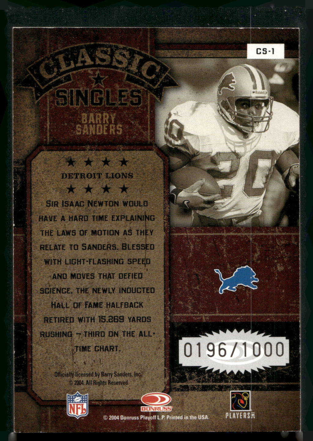 2004 Donruss Classics #CS-1 Barry Sanders Classic Singles/Combos/Triples #/1000
