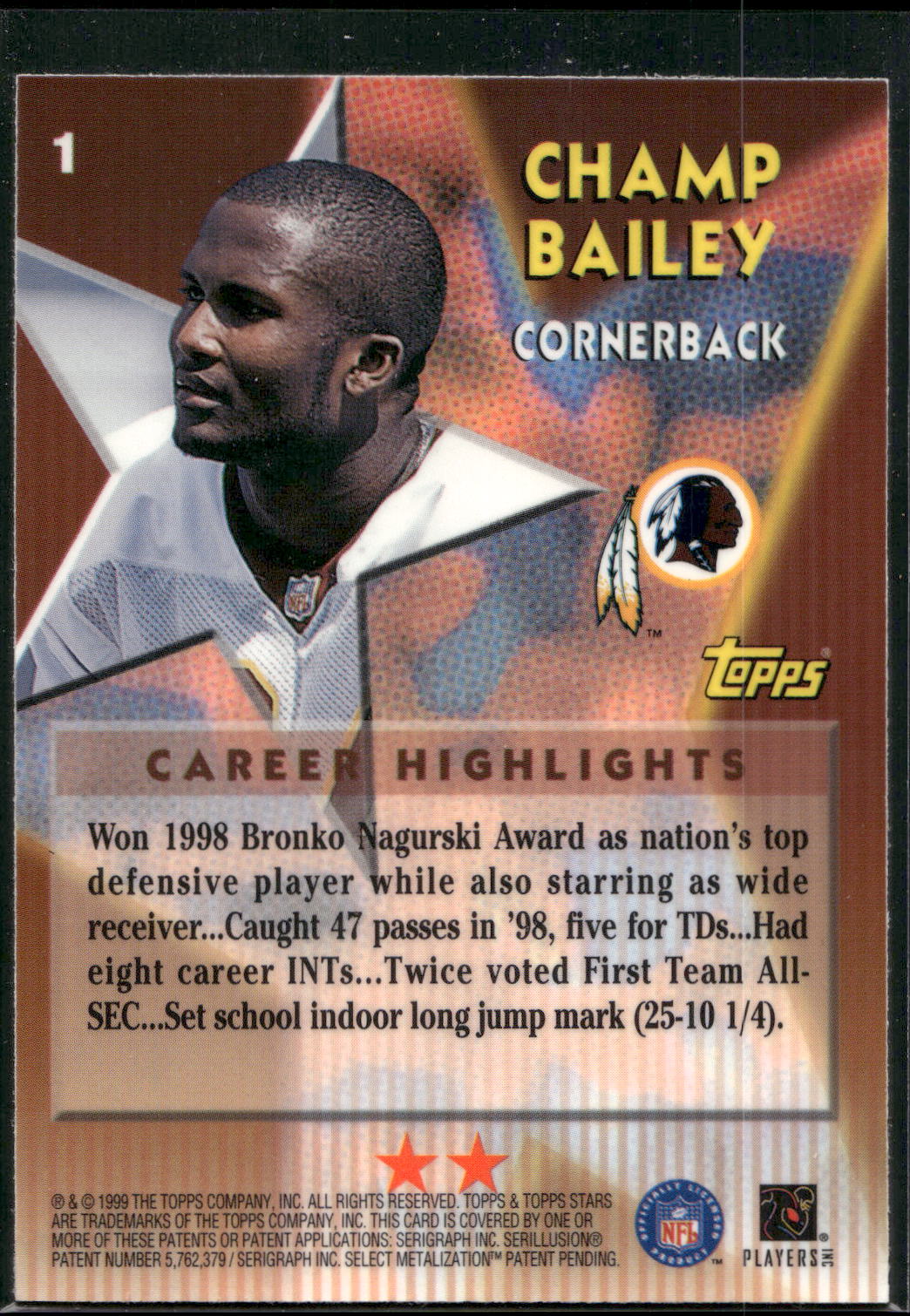 1999 Topps Stars #1 Champ Bailey Two Star
