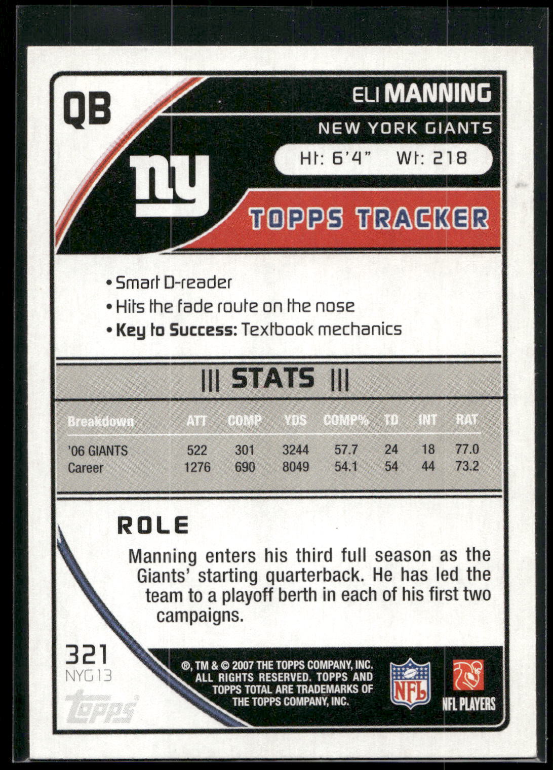 2007 Topps Total #321 Eli Manning