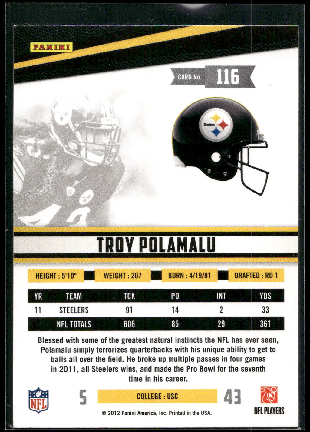 2012 Panini Rookies & Stars #116 Troy Polamalu