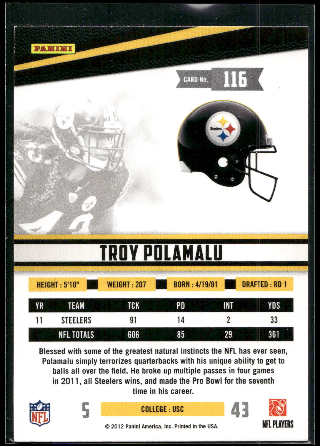 2012 Panini Rookies & Stars #116 Troy Polamalu